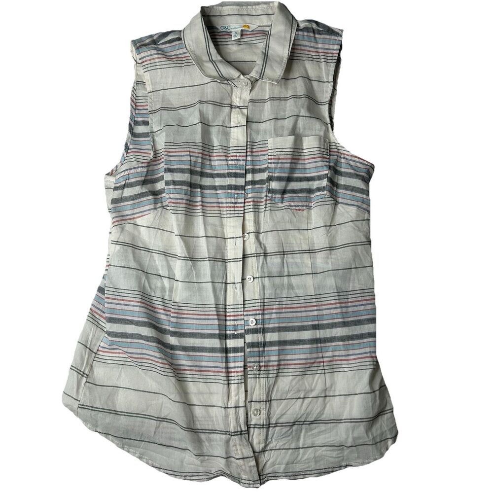 C C California Women’s Sleeveless Button Down Striped Top Cotton Ivory S